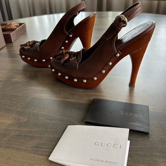 Authentic GUCCI Scar Pelle S Gomma Brown Slingbacks size 8 in original box - Picture 5 of 14